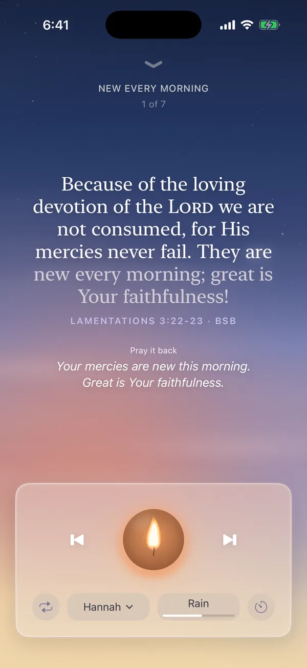 The player reading Lamentations 3:22-23 with the words lighting up