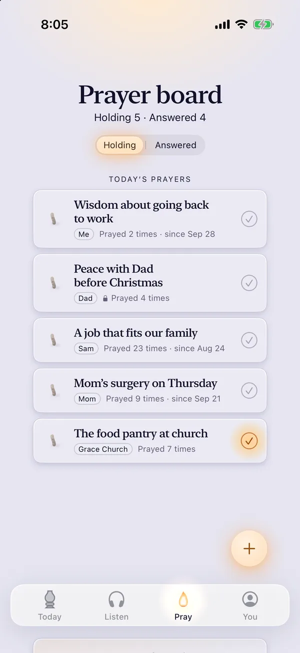 The prayer board: each prayer dated, with who it's for and how often it was prayed